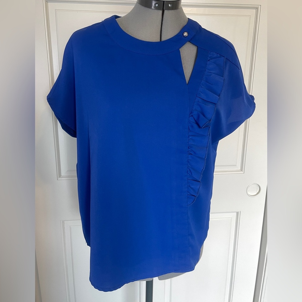 SHEIN Blue Cuffed Sleeve Blouse with Ruffled Cutout